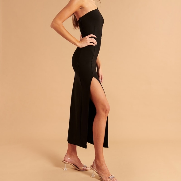 Abercrombie Asymmetrical Black One-Shoulder high slit Maxi Dress - Picture 4 of 6